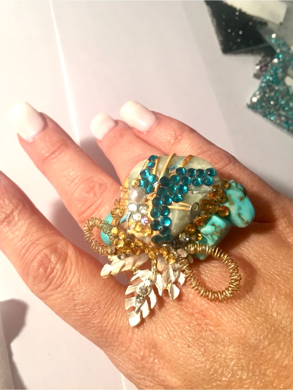 Turquoise & Gold Statement Cocktail Ring with Blue and Amber Crystals